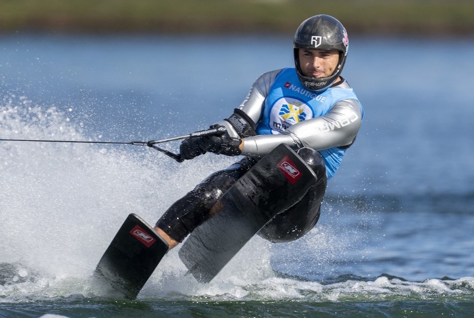 Ski jumper airborne during competition at Shalom Park