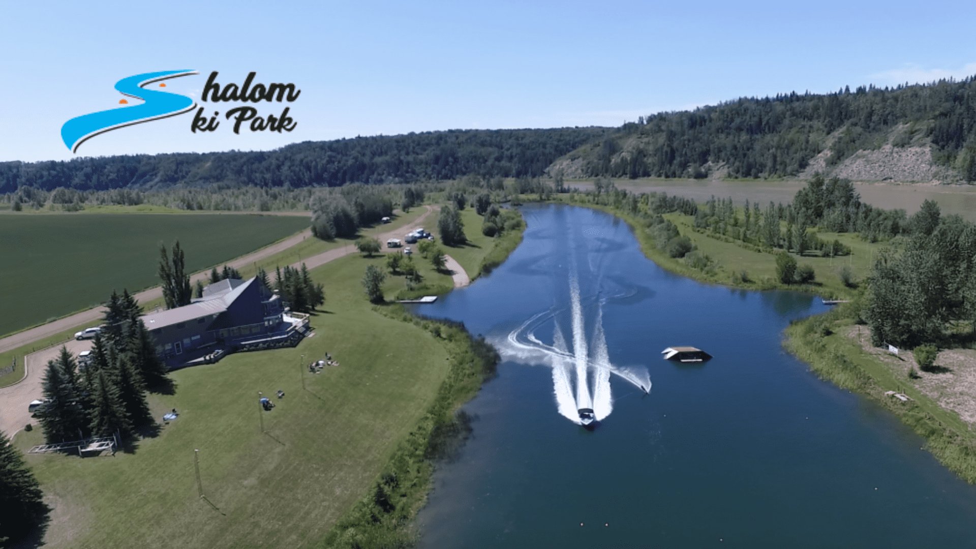 Aerial view of Shalom Park — 42 acres, competition lake, tournament center near Edmonton